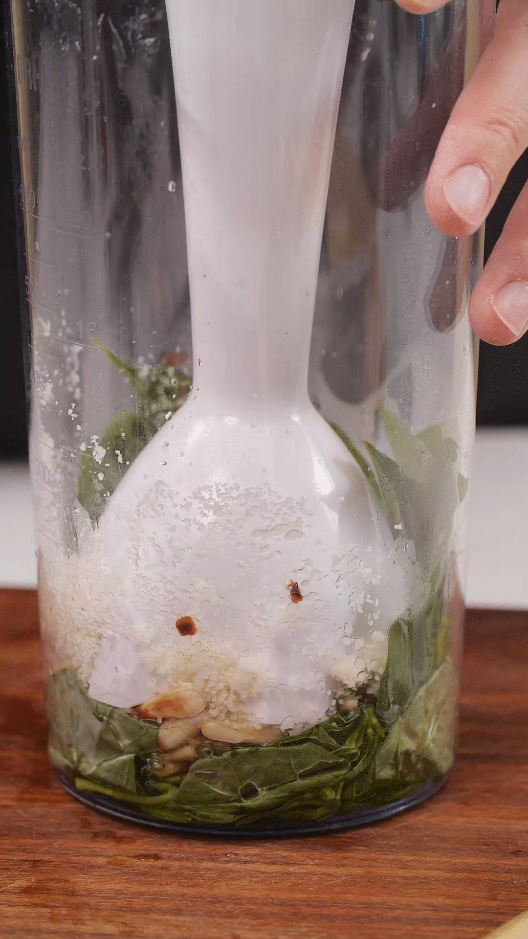 加入松子、現(xiàn)磨芝士碎、大蒜、鹽和檸檬汁、橄欖油，用手持料理機(jī)攪打細(xì)膩均勻
